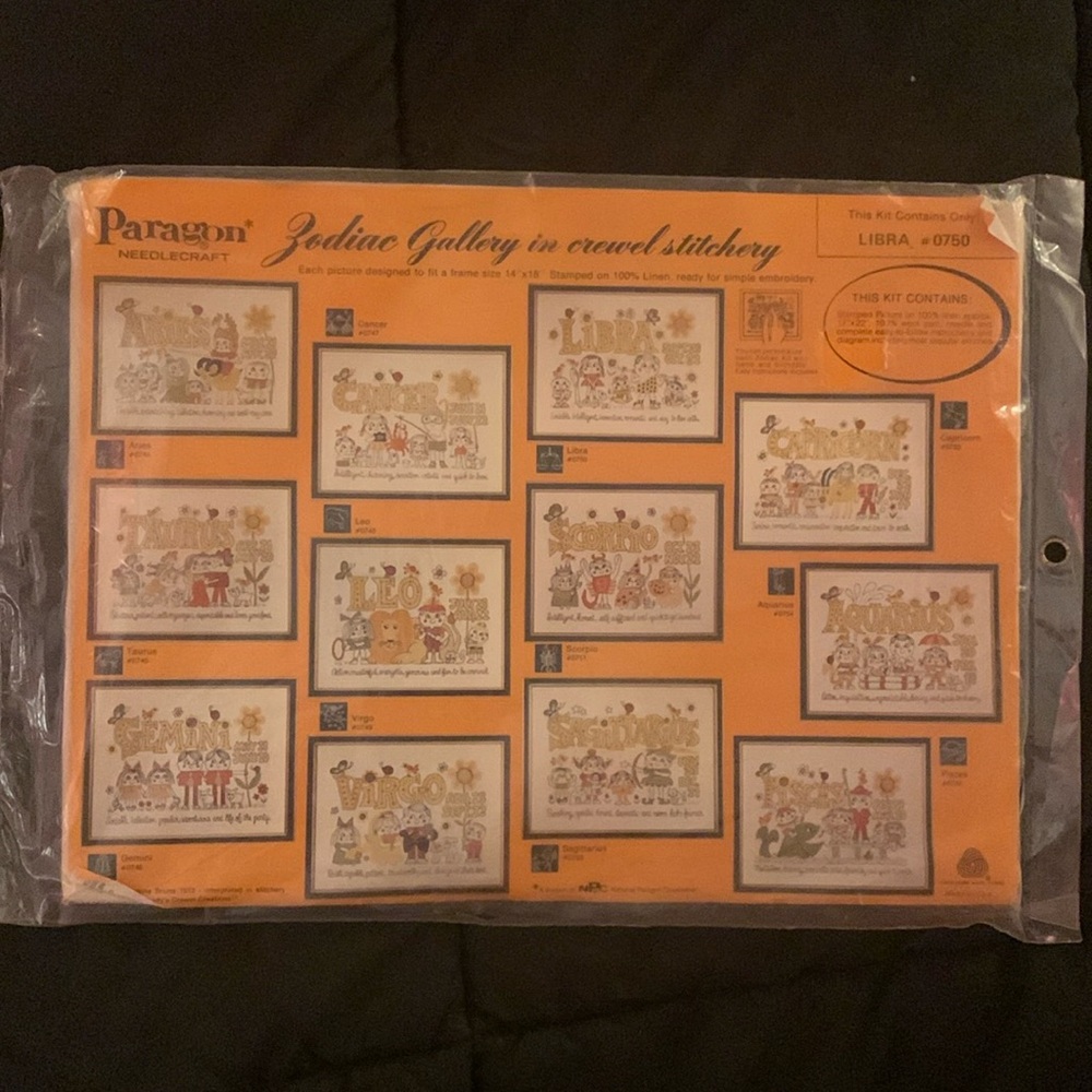 Paragon Needlecraft vintage NIP Zodiac Gallery Libra crewel embroidery kit